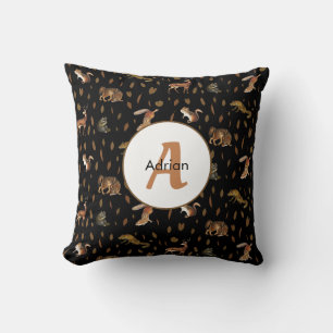 Fall Forest Animals Autumn Leaves Monogram  Cushion