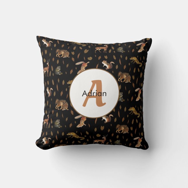 Fall Forest Animals Autumn Leaves Monogram  Cushion (Front)