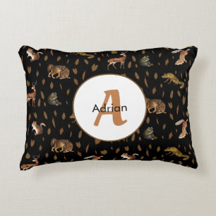 Fall Forest Animals Autumn Leaves Monogram Decorative Cushion