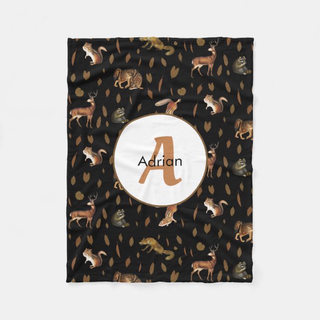 Fall Forest Animals Autumn Leaves Monogram Fleece Blanket (Front)