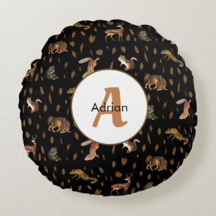 Fall Forest Animals Autumn Leaves Monogram Round Cushion