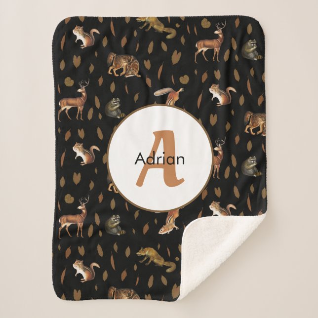 Fall Forest Animals Autumn Leaves Monogram Sherpa Blanket (Front)
