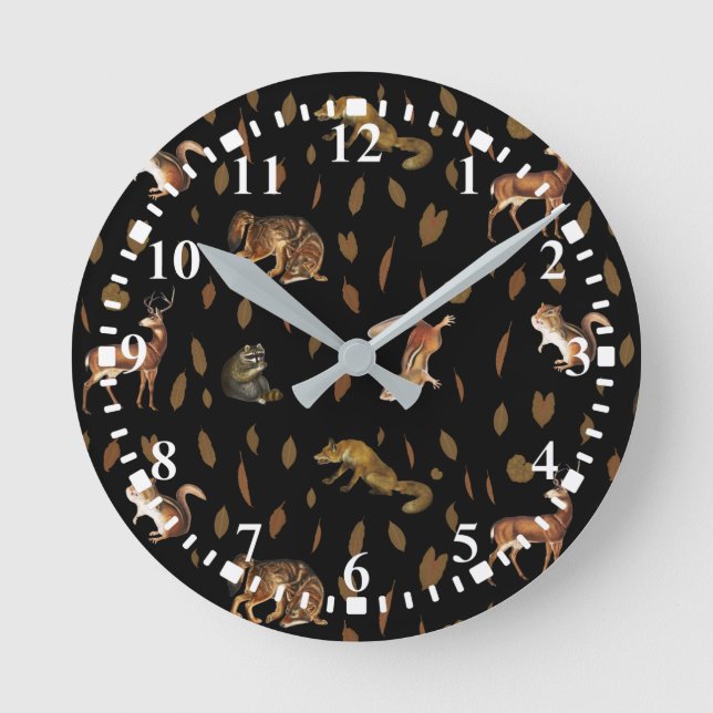 Fall Forest Animals Autumn Leaves  Round Clock (Front)