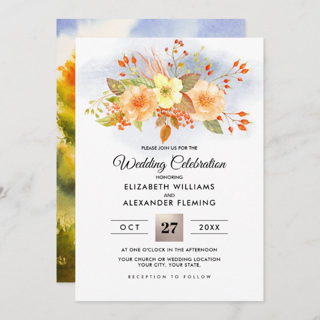 Fall Forest | Autumn Bouquet Watercolor Wedding Invitation (Front/Back)