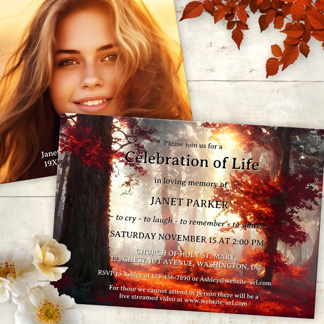 Fall Forest Memorial Celebration of Life Photo Invitation (Magical memorial or celebration of life service invitation featuring a sunlit colorful fall forest)