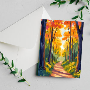 Fall Forest Path Autumn Foliage Watercolor Card