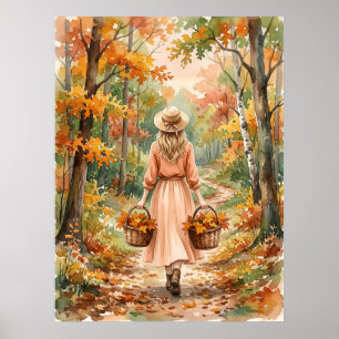 Fall Forest Walk Autumn Woman Cottagecore Nature Poster