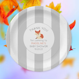 Fall Fox baby shower decor, neutral grey stripe Paper Plate