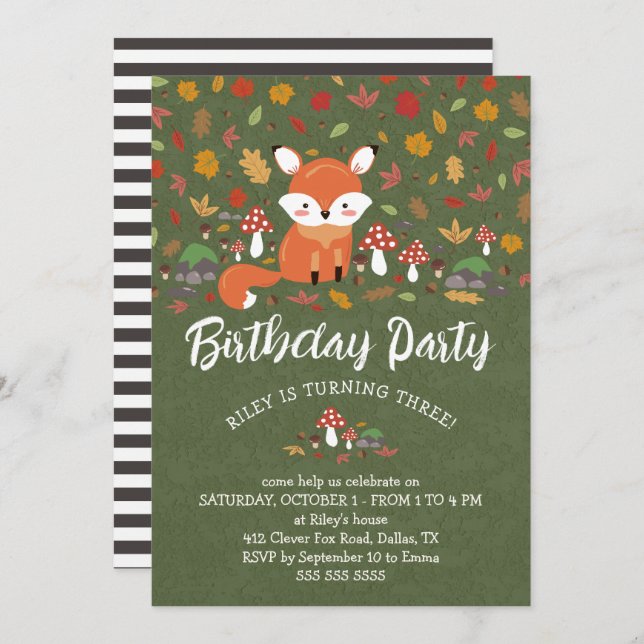 Fall Fox Kids Woodland Birthday Party Invitation (Front/Back)