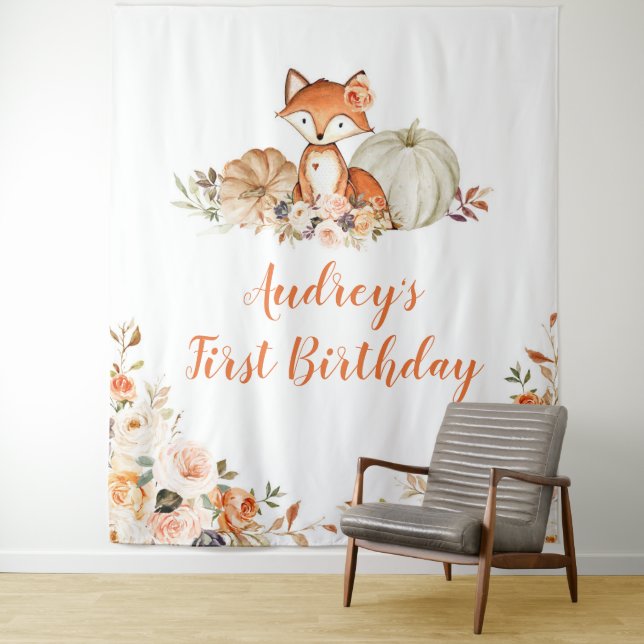 Fall Fox She is a Wild One Birthday Sign Tapestry (In Situ)