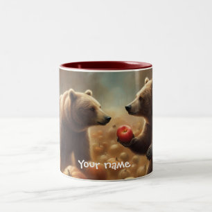 Fall friends Whimsical Bears share an apple Two-Tone Coffee Mug