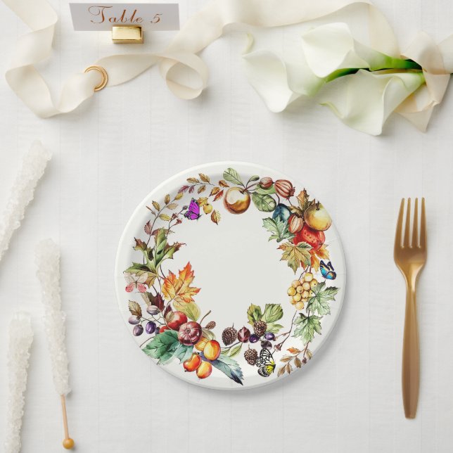 Fall Fruit & Butterfly Wreath Paper Plates (Wedding)