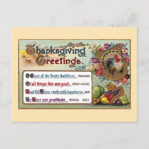 Fall Fruits and Turkey Vintage Thanksgiving Holiday Postcard