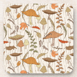 Fall Fungi and Leaves - seamless pattern. Coaster