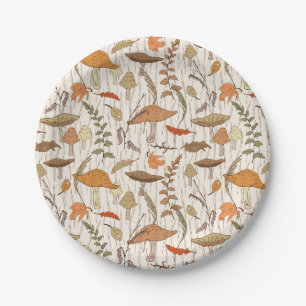 Fall Fungi and Leaves - seamless pattern. Paper Plate