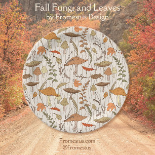 Fall Fungi and Leaves - seamless pattern. Paper Plate
