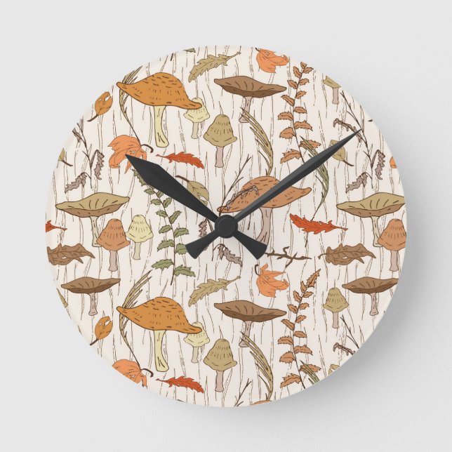 Fall Fungi and Leaves - seamless pattern. Round Clock (Front)