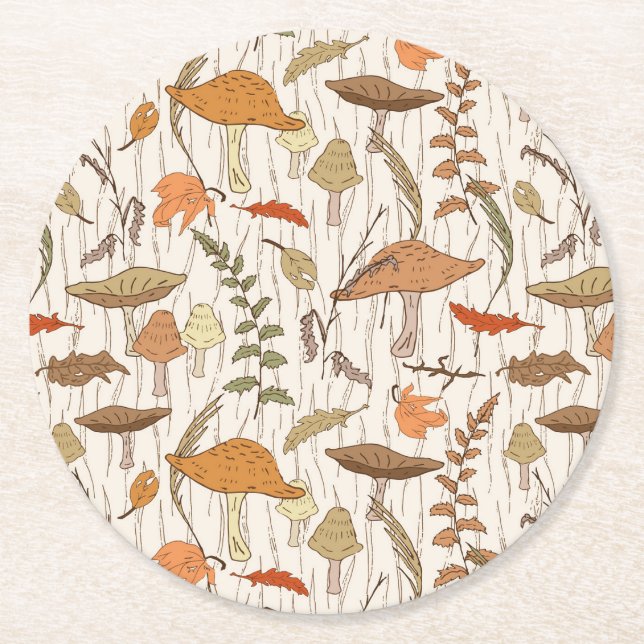 Fall Fungi and Leaves - seamless pattern. Round Paper Coaster (Front)