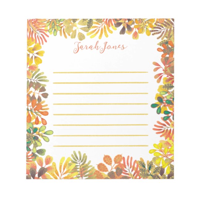 Fall Garden Botanical Watercolor Leaves Lined Notepad (Front)