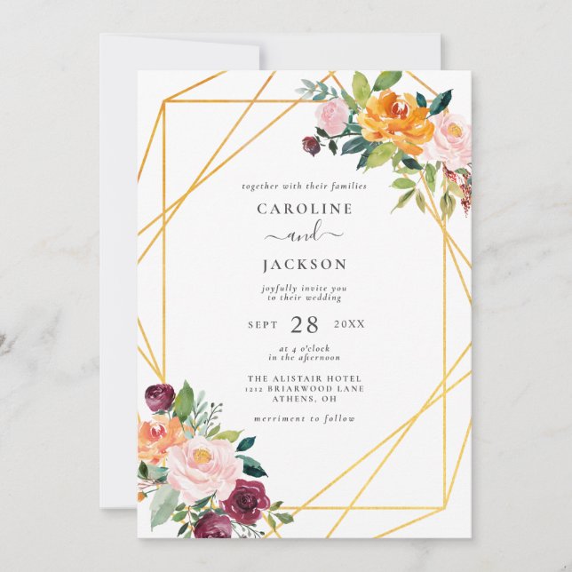 Fall Geometric Floral Autumn Wedding Invitation (Front)