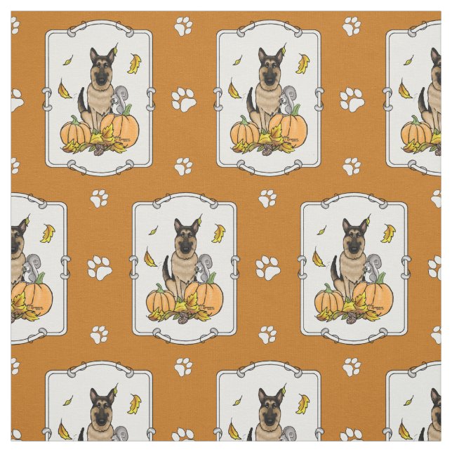Fall German Shepherd Dog (black tan) Pumpkins Cute Fabric (Swatch)