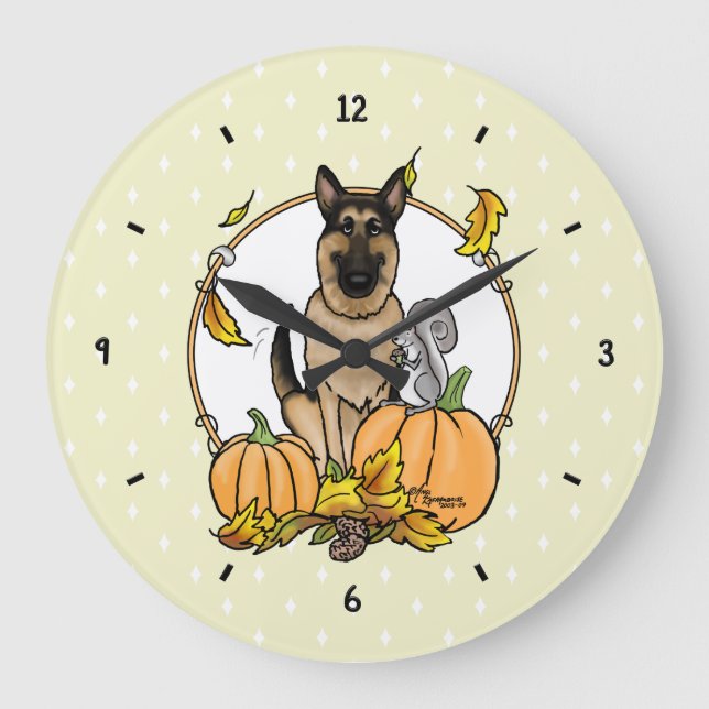 Fall German Shepherd Dog (black tan) Pumpkins Cute Large Clock (Front)
