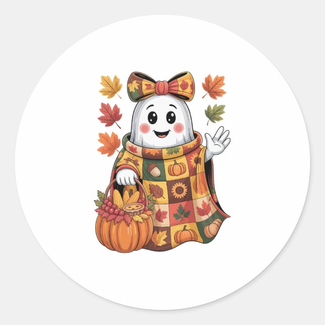 Fall Ghost Harvest Pumpkin Sket Patchwork Hallowee Classic Round Sticker (Front)