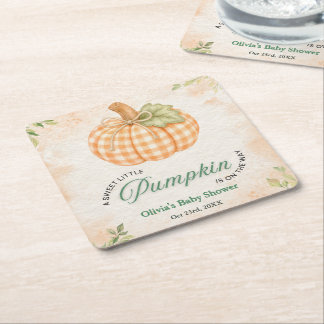 Fall Gingham A Little Pumpkin Baby Shower Square Paper Coaster