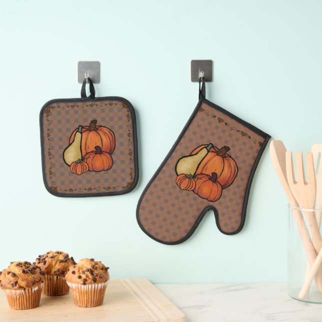Fall gingham Harvest Oven Mitt & Pot Holder Set (Insitu(Hanging))