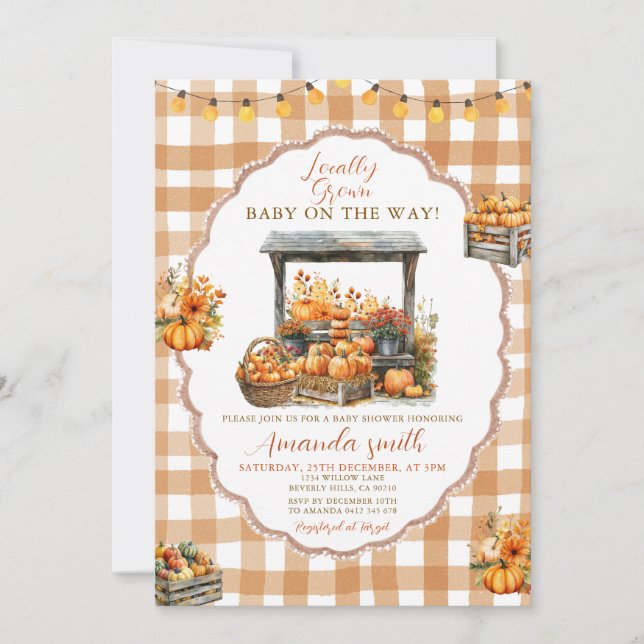 Fall Gingham Locally Grown Market Baby Shower Invitation (Front)