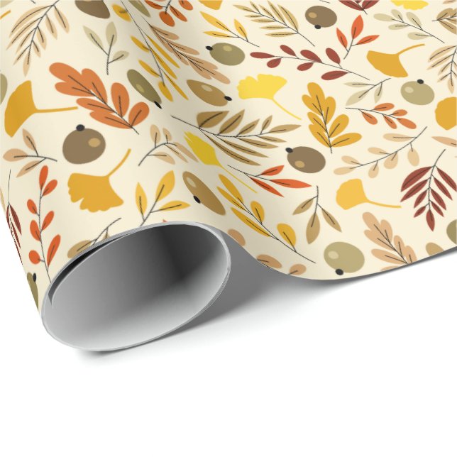 Fall Ginkgo Leaves and Olive Pattern Wrapping Paper (Roll Corner)