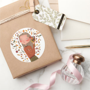Fall Girl Autumn Flowers and Leaves Drawing Classic Round Sticker