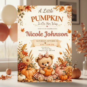 Fall Girl Baby Shower Little Pumpkin Teddy Bear  Invitation