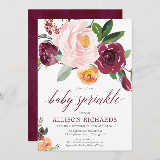 Fall girl baby sprinkle blush pink burgundy floral invitation (Front/Back)