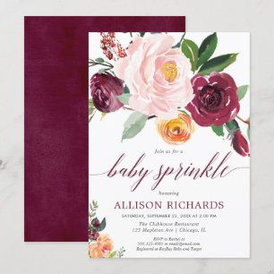 Fall girl baby sprinkle blush pink burgundy floral invitation