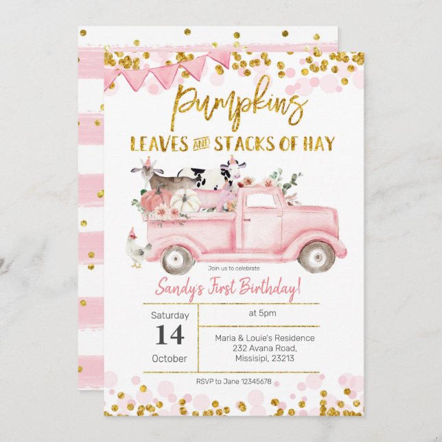 Fall Girl Farm Pink Pumpkin Truck Birthday Invitation (Front/Back)