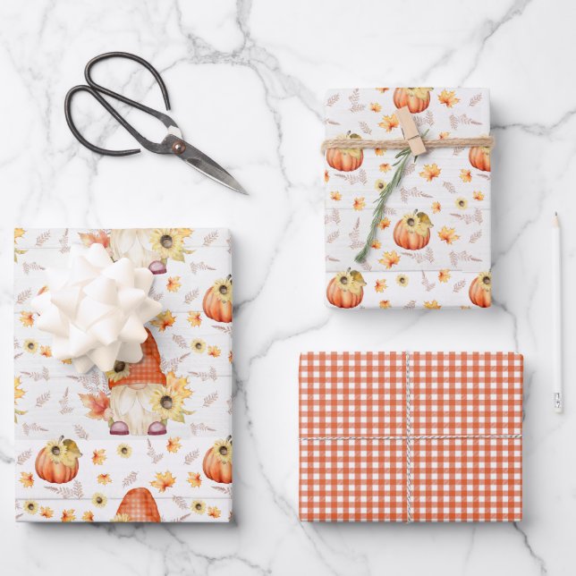 Fall Gnome and Pumpkins Wrapping Paper Sheets (Front)