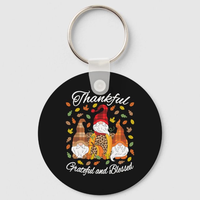 Fall Gnome Plaid Leopard Pumpkin Thanksgiving Bles Key Ring (Front)