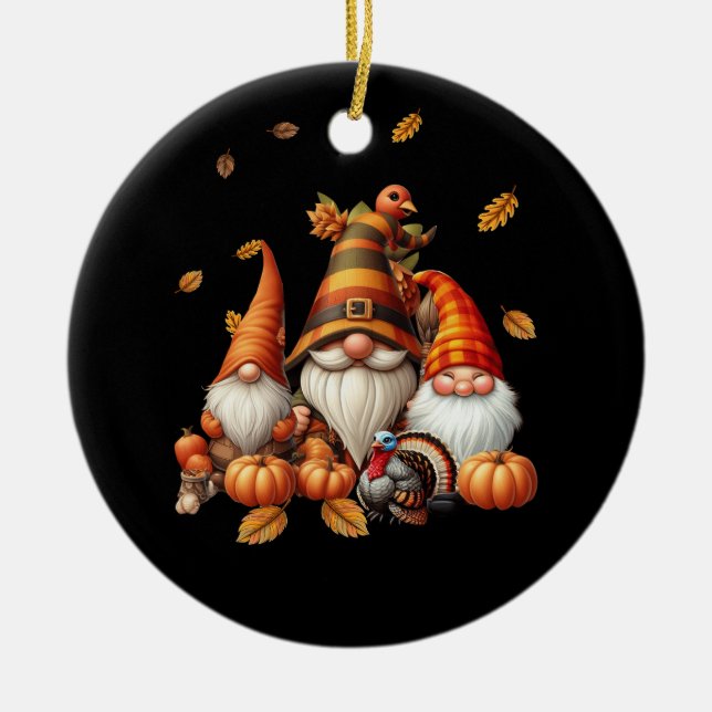 Fall Gnome Pumpkin Leaf Turkey Thanksgiving Autumn Ceramic Ornament (Front)