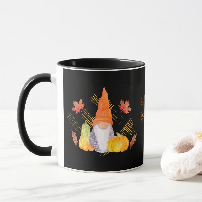Fall Gnome Thanksgiving  Mug With Black Background (With Donut)