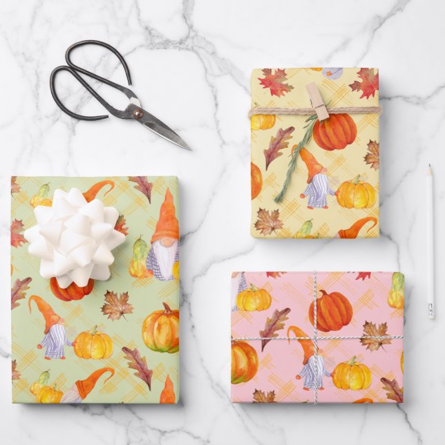 Fall Gnomes And Pumpkins 2 Wrapping Paper Sheets (Front)