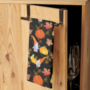 Fall Gnomes Black Background Tea Towel