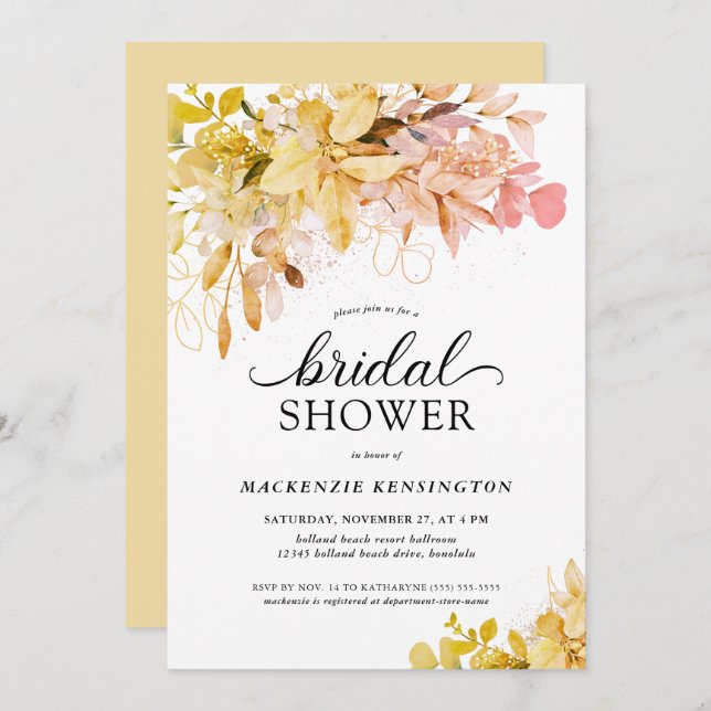 Fall Gold Blush Floral Eucalyptus Bridal Shower Invitation (Front/Back)