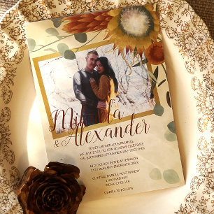 Fall Gold, Bronze Sage Green Proteas Wedding Invitation