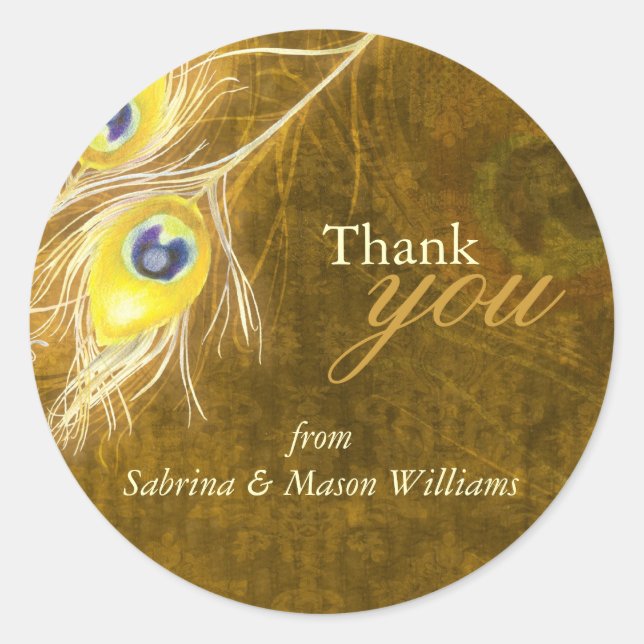 Fall Gold Brown Peacock Wedding Thank You Classic Round Sticker (Front)