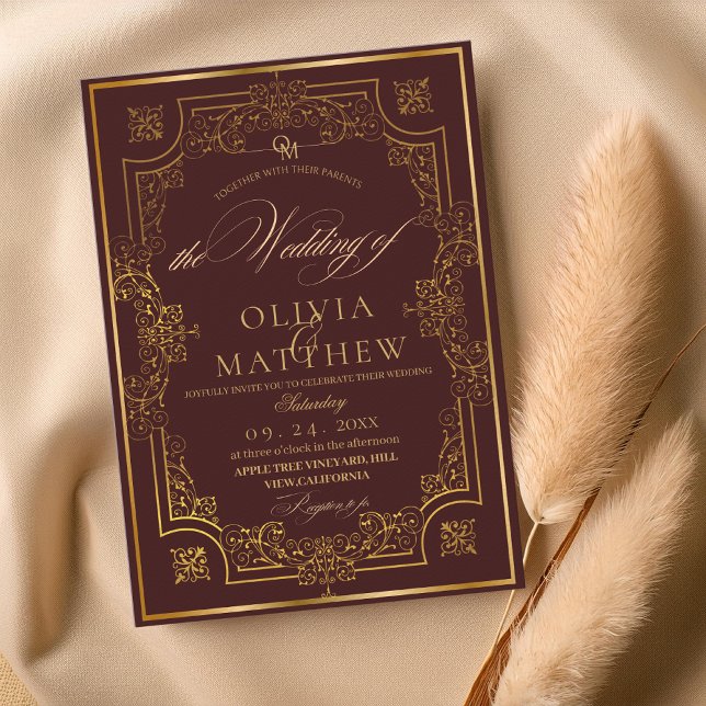 Fall Gold Burgundy Script Wedding Invitation (Creator Uploaded)