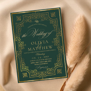 Fall Gold Emerald Gree Script Wedding Invitation