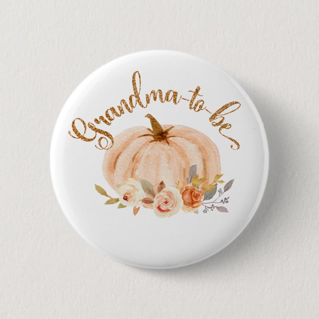 Fall gold foil floral pumpkin Grandma to be Button (Front)