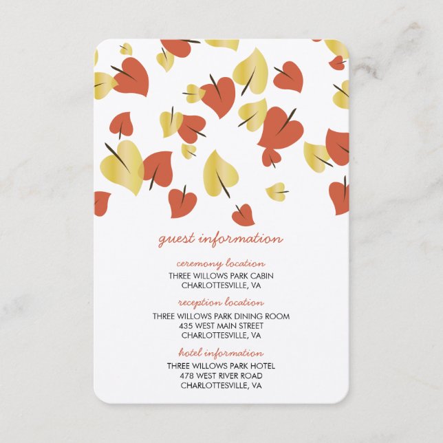 Fall Gold Foil Leaves Guest Information Card (Front)