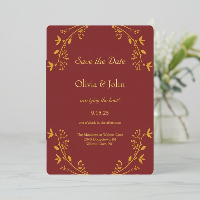 Fall Gold Foil Wedding Save the Date Invitation  (Standing Front)